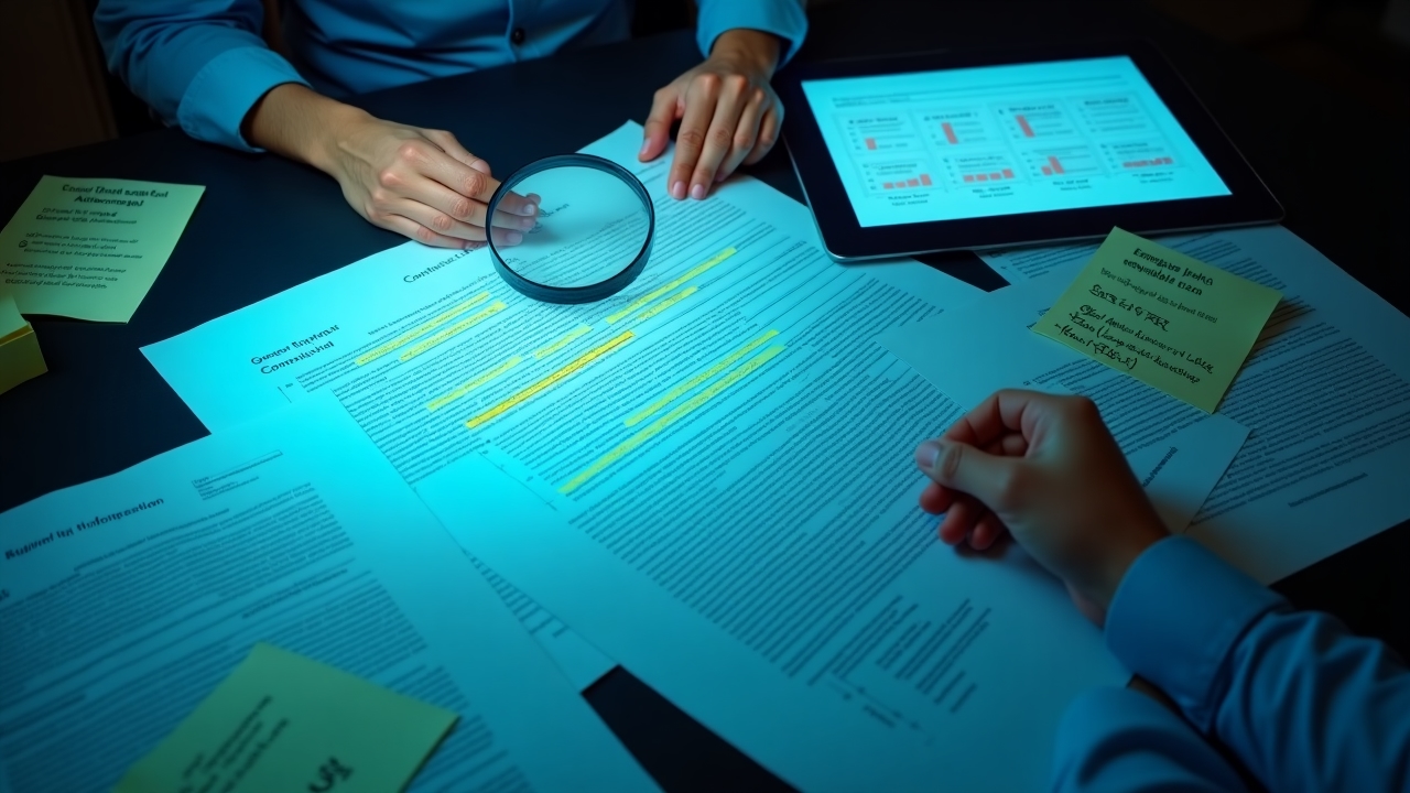 Especialista financiero analizando contratos de préstamo y documentación crediticia con lupa, resaltando cláusulas importantes y comisiones ocultas